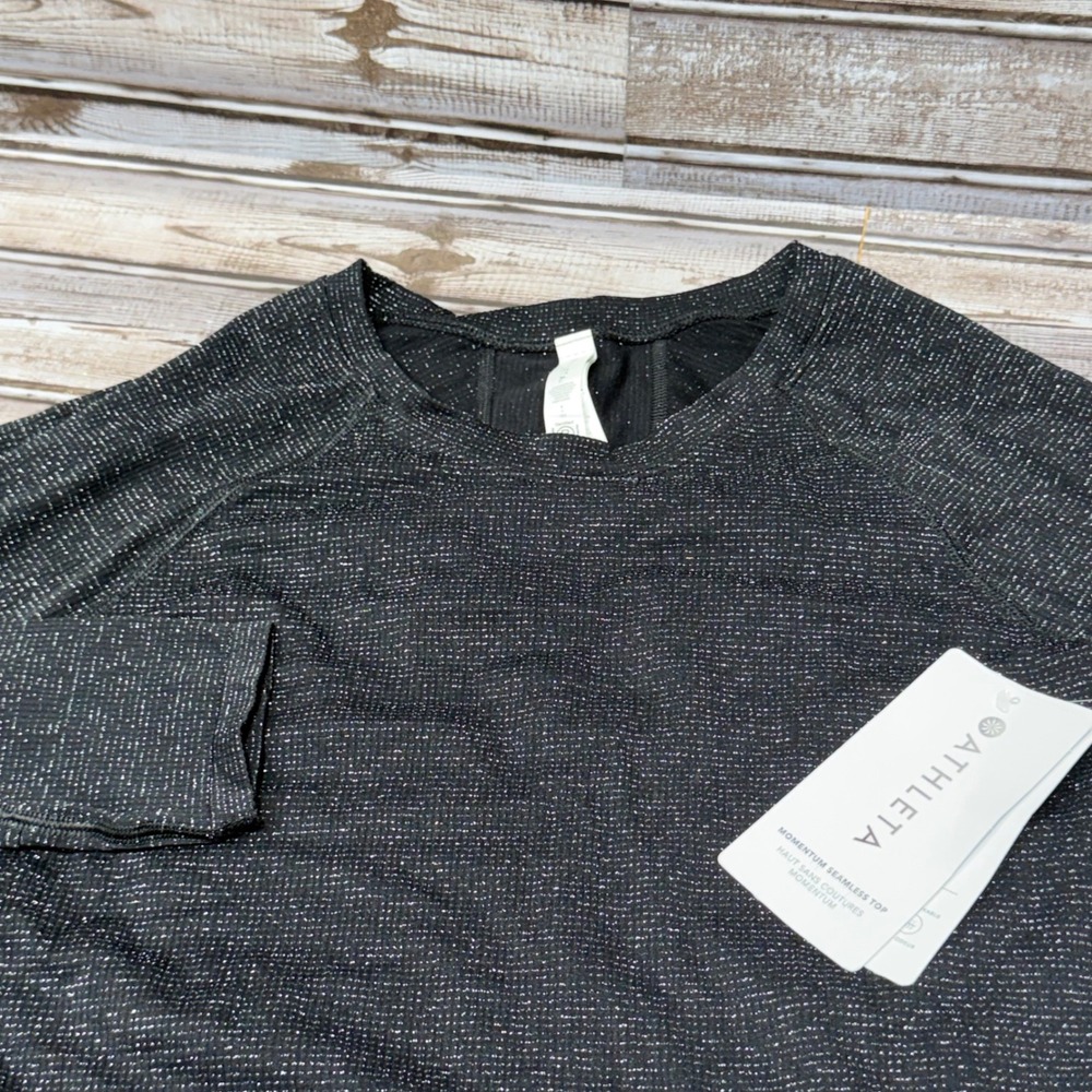 Athleta Momentum Seamless Top Women Small Black Silver Sparkle Long Sleeve